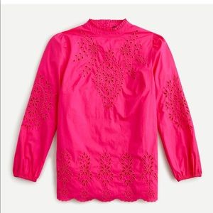 Mockneck cotton poplin top with embroidered eyelet